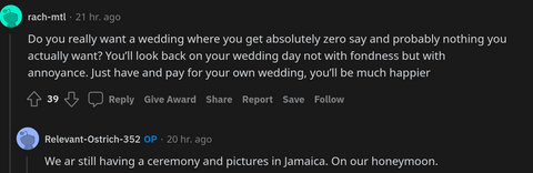 parents expect woman to pay for wedding they want