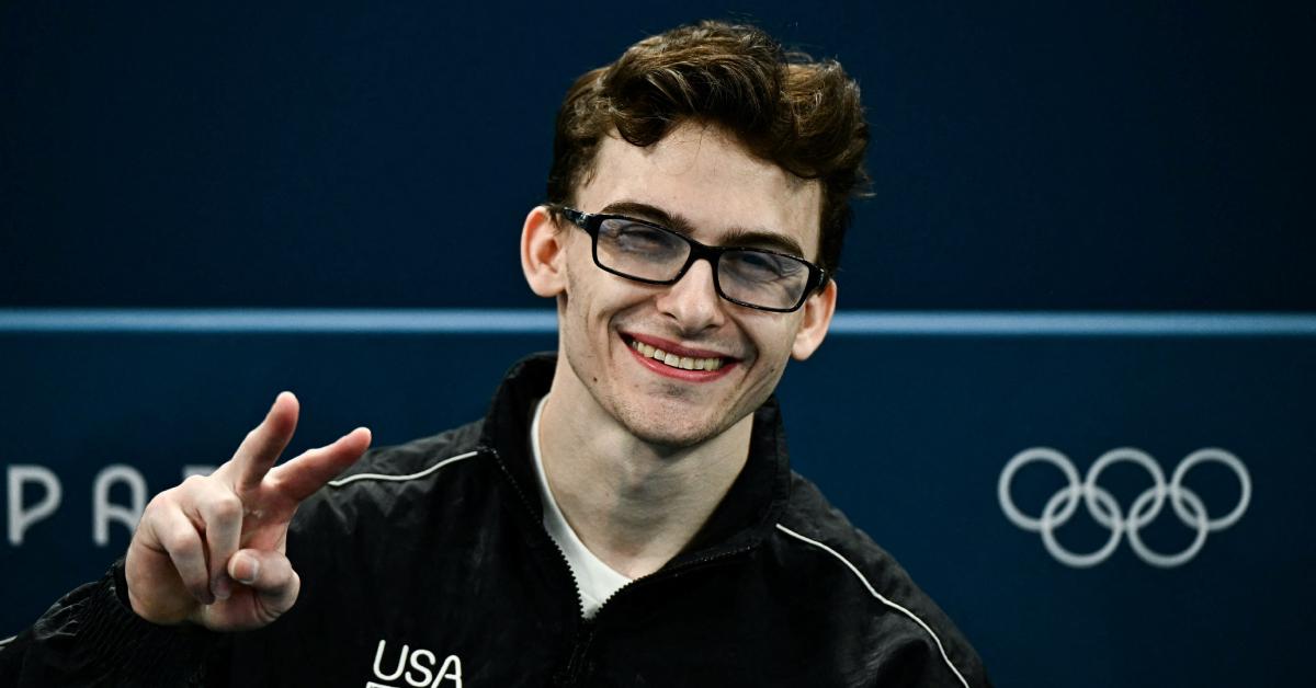 Stephen Nedoroscik throws up a peace sign and smiles during the artistic gymnastics men's qualification during the Paris 2024 Olympic Games on July 27, 2024.