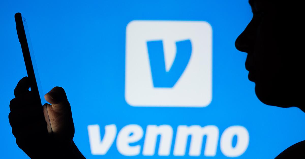 Venmo logo with a person on their phone in silhouette. 