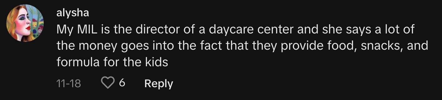 "My MIL is the director of a daycare center and she says a lot of the money goes into the fact that they provide food, snacks, and formula for the kids"