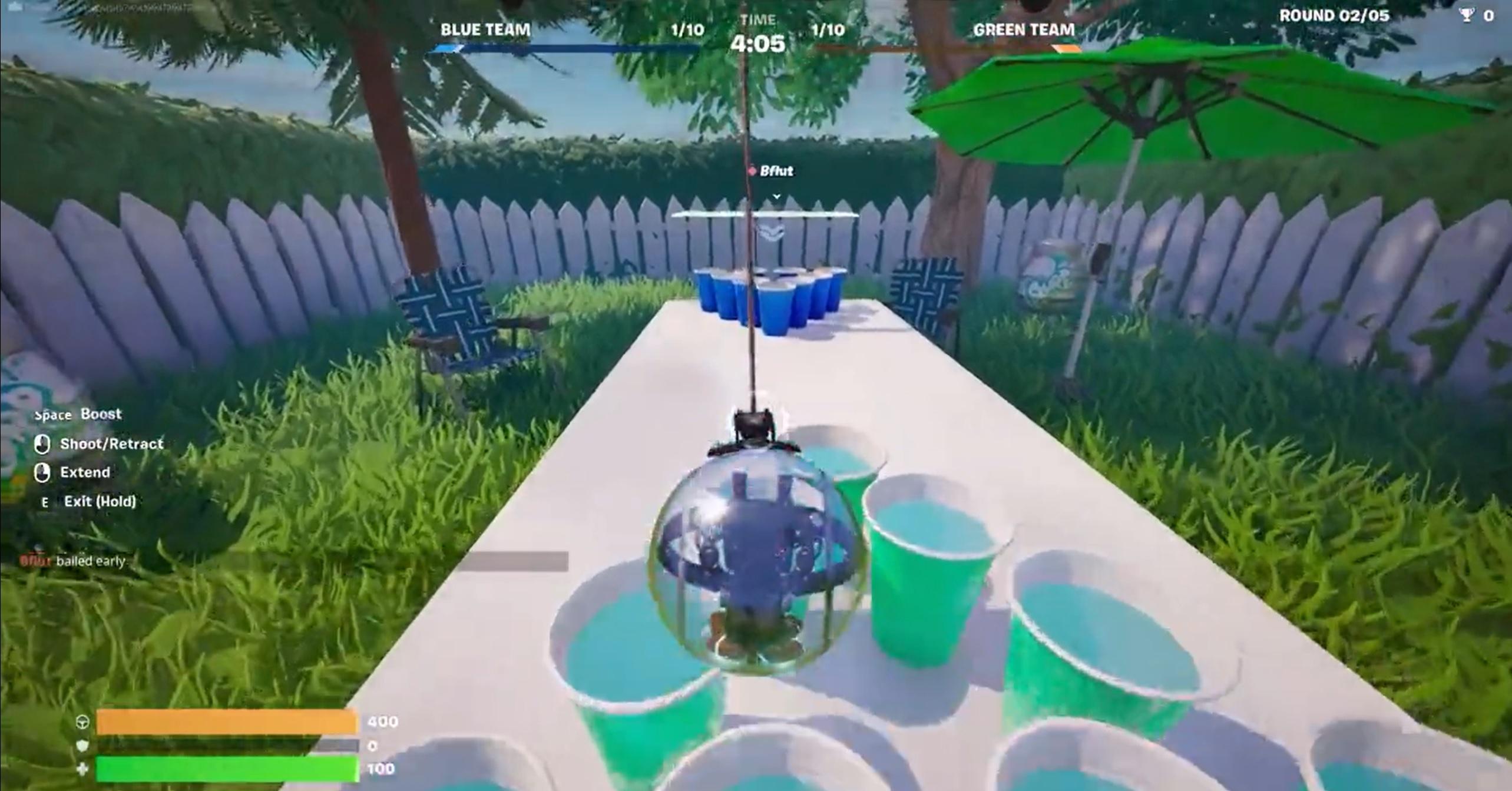 The beer pong map in Fortnite with a player swinging across the table to the enemy cups.