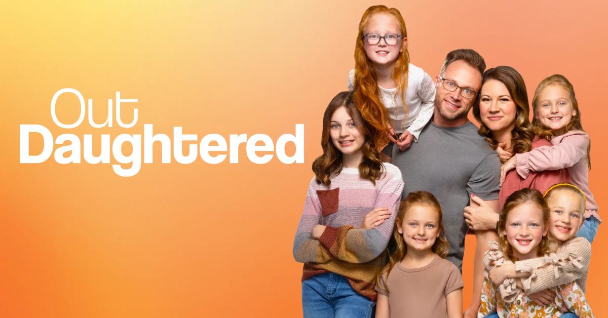 'OutDaughtered' key art features the Busby family smiling together in front of an orange background.