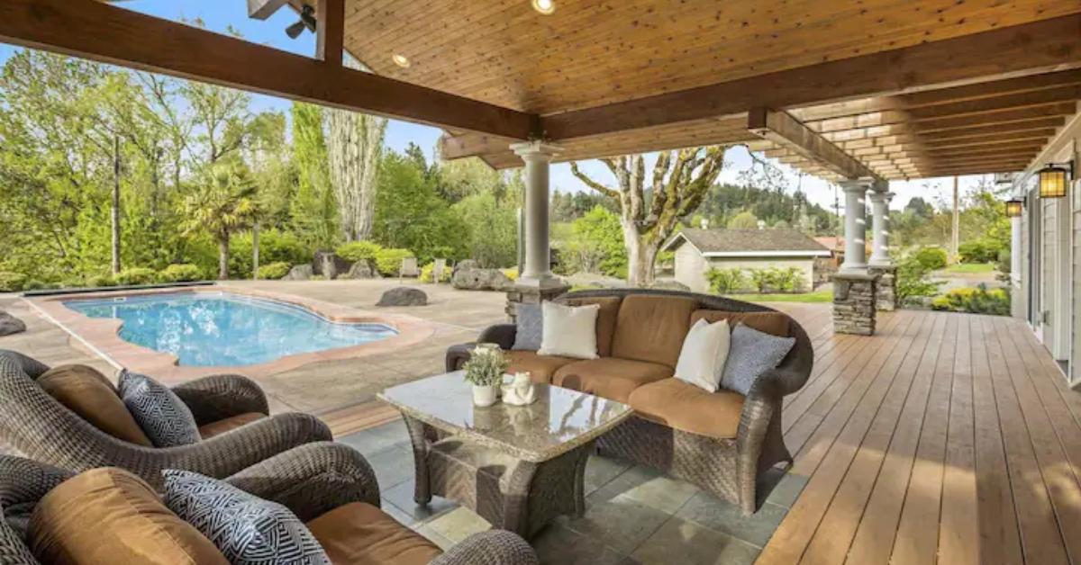 Patio and pool area at the Roloff Farm farmhouse