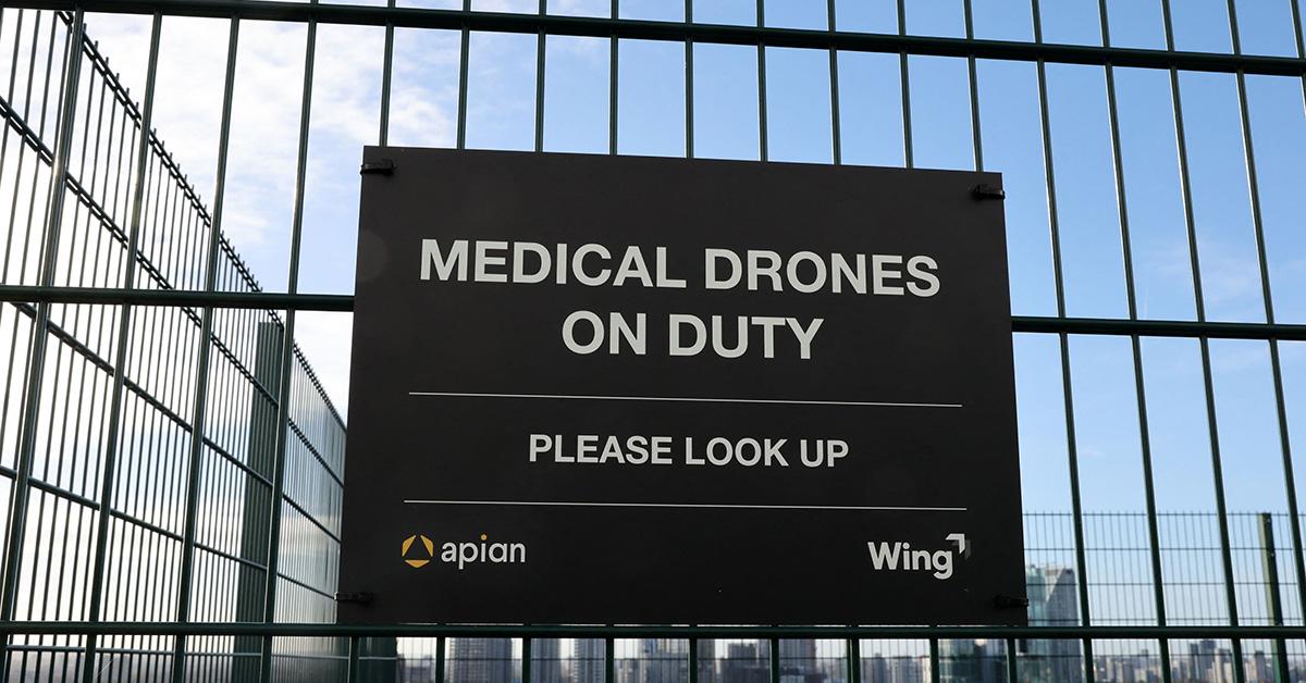 A sign warning that Medical Drones are on duty. 