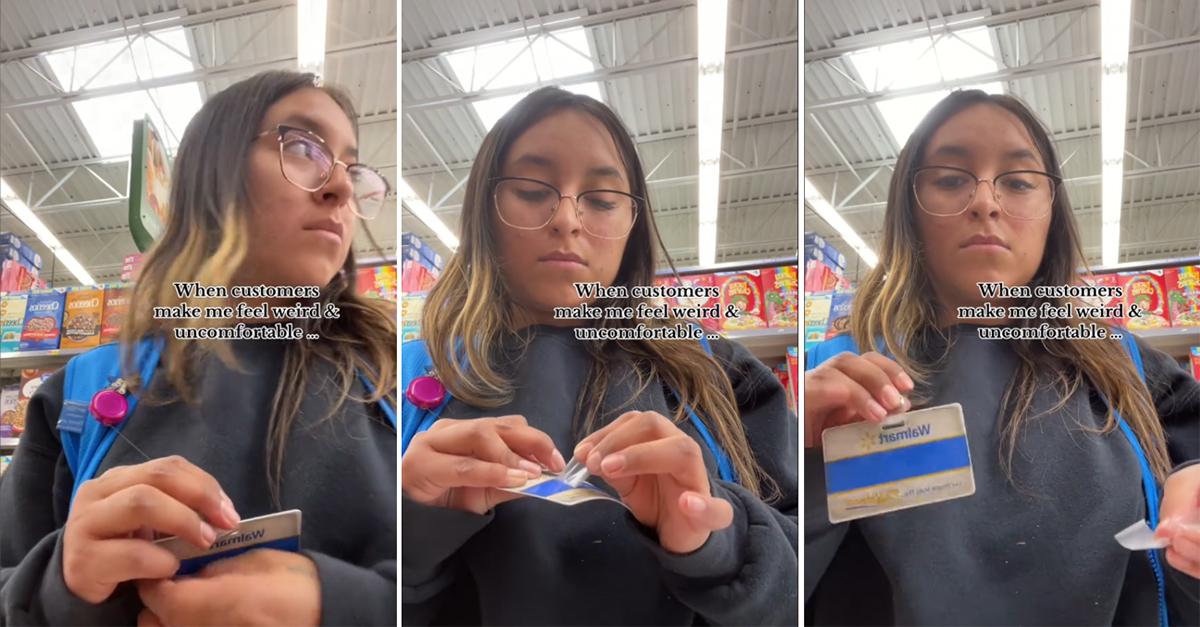 A still of a viral video of a Walmart employee removing her name tag when customers act weird.