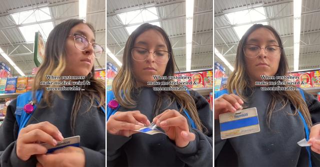 A still of a viral video of a Walmart employee removing her name tag when customers act weird.