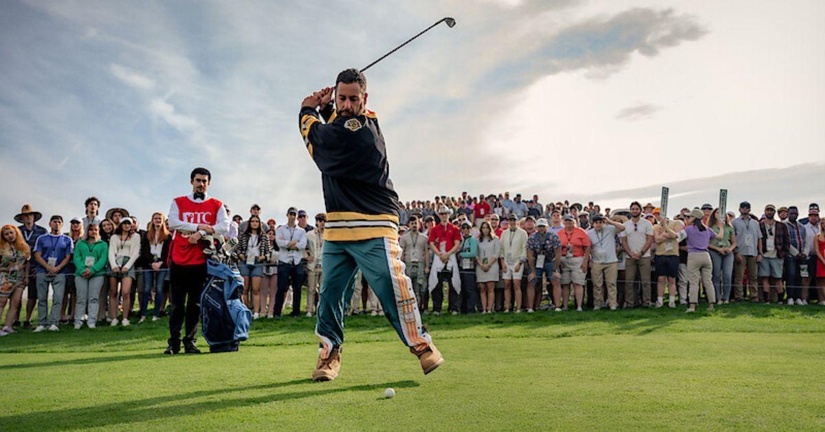 Adam Sandler swinging a golf club in 'Happy Gilmore 2' 