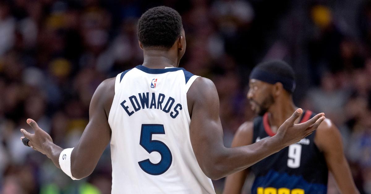 Anthony Edwards reacts as the Minnesota Timberwolves play the Denver Nuggets on May 6, 2024, at Ball Arena in Denver, Colo.