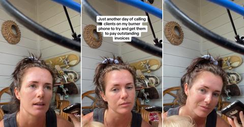 A woman doing freelance work uses a burner phone to call her clients