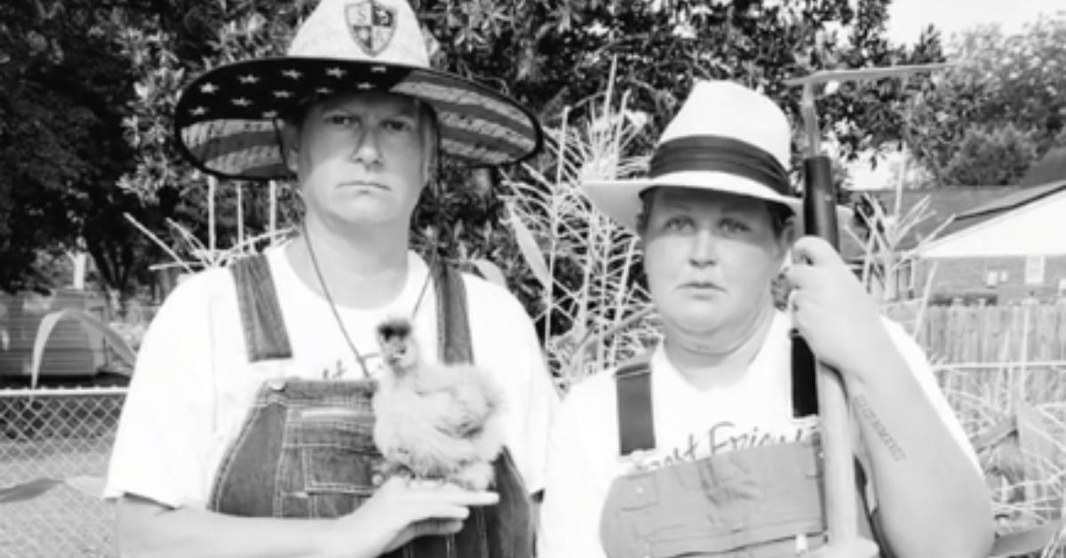 tiktoker adds decor to cracker barrel fireplace mantel with photograph of her and her friend in overalls