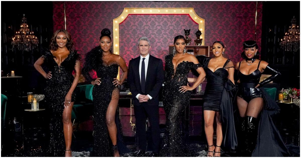 'RHOA' cast members Cynthia Bailey, Kenya Moore, Porsha Williams, Drew Sidora, and Kandi Burruss with Andy Cohen at the Season 13 reunion.