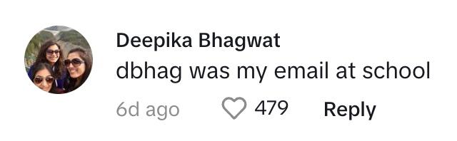 A commenter saying that her email at school was "dbhag"