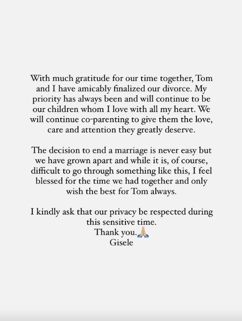 Gisele Bunchen Instagram story screencap announcing divorce