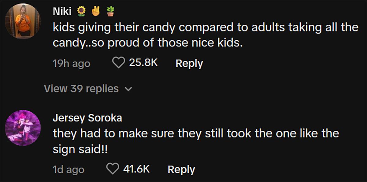 Comments about kids giving their own candy to empty bowl on halloween for trick or treating