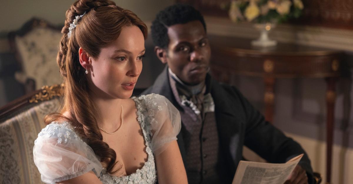 Francesca and John talk as they sit in the Bridgerton drawing room.