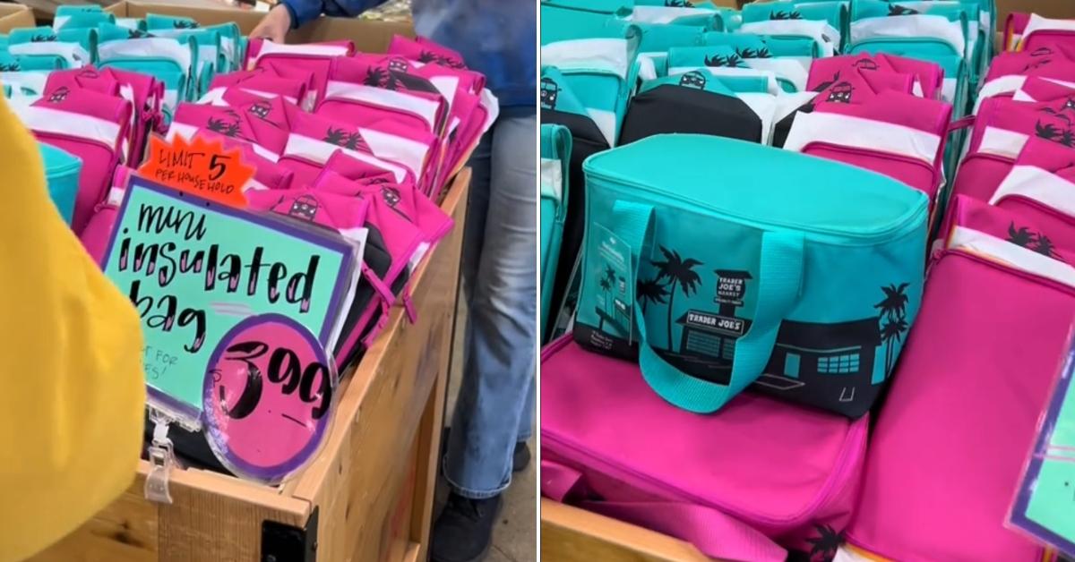 The display of Trader Joes insulated tote bags at the store