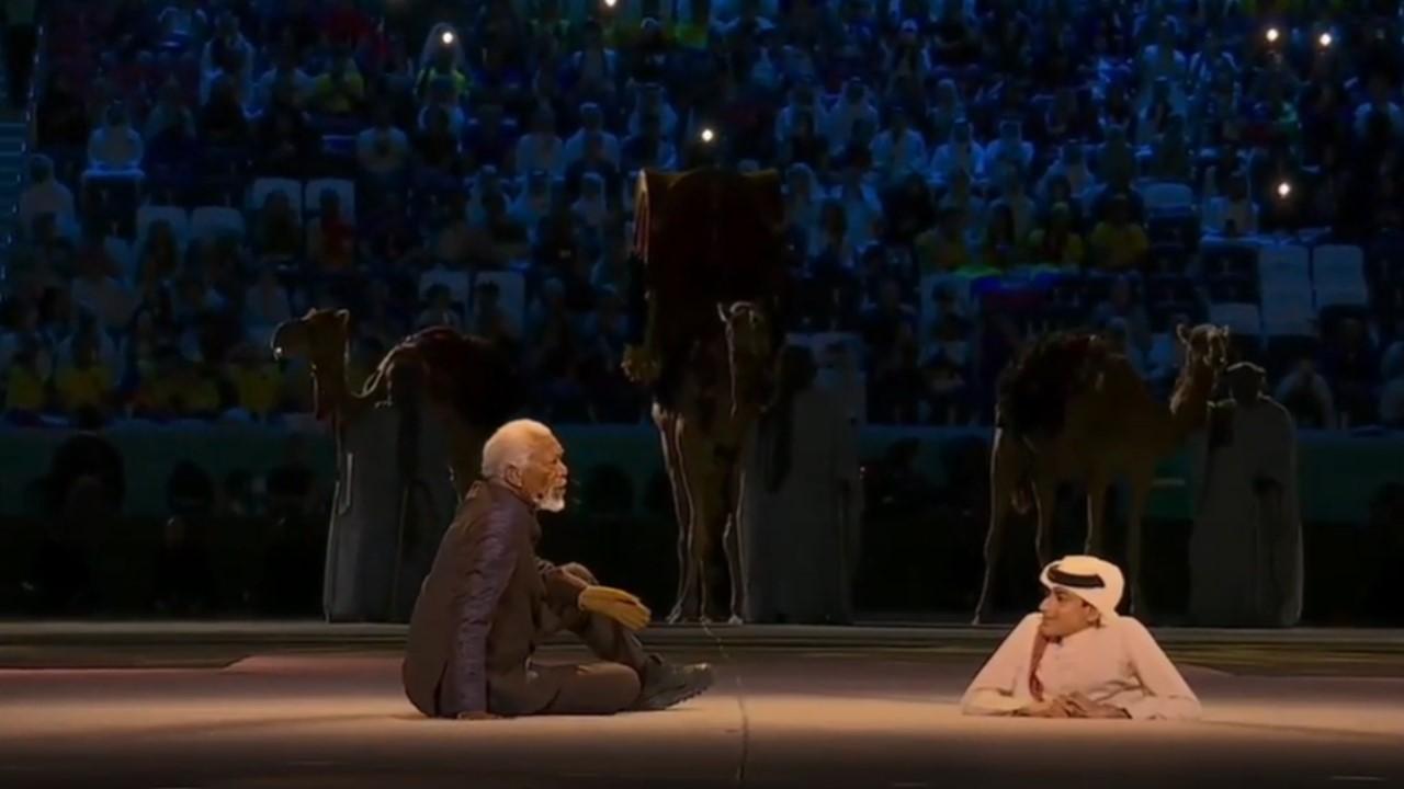 Morgan Freeman and Ghanim al-Muftah perform at the Qatar World Cup.