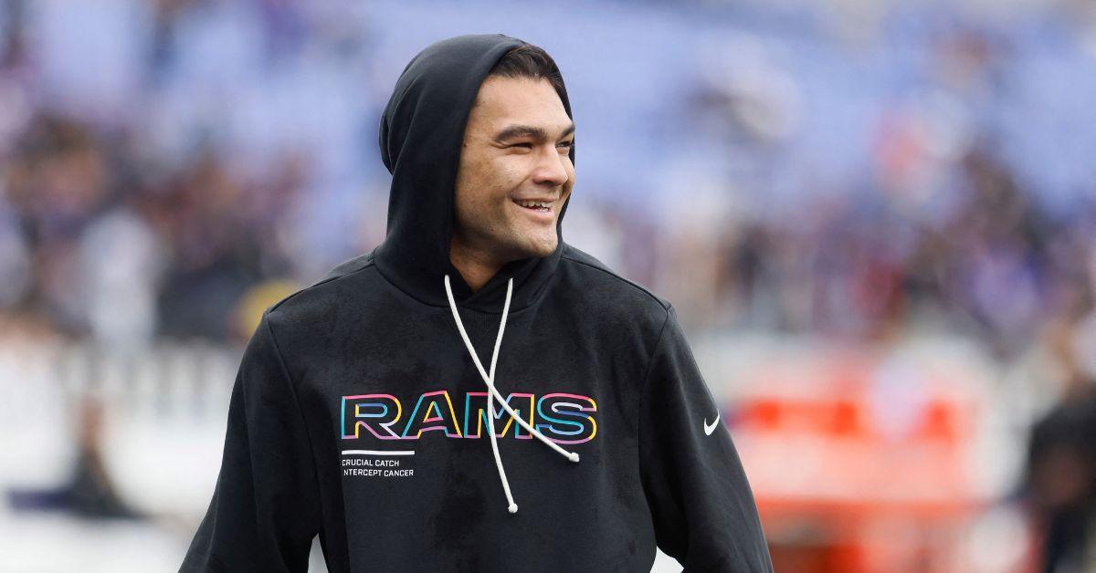 Puka Nacua in a hoodie before a game against the Baltimore Ravens. 