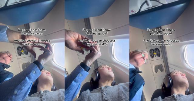 Woman in Window Seat Crowded by Photo Snapping Passenger