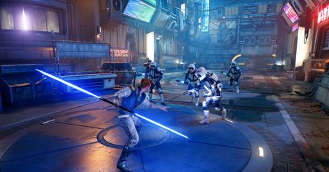 'Jedi: Survivor' Cal armed with a dual-bladed lightsaber to fight Stormtroopers.