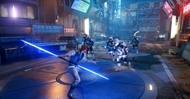 'Jedi: Survivor' Cal armed with a dual-bladed lightsaber to fight Stormtroopers.