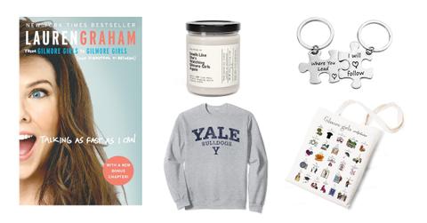 Lauren Graham memoir, candle, yale sweatshirt, puzzle keychains, tote bag