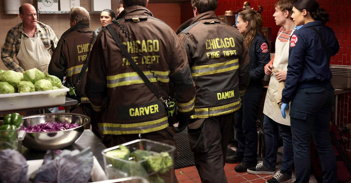 Jack Damon, Carver, and the 'Chicago Fire' team in the kitchen at the station