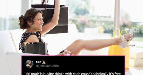 women sitting on couch with shopping bags, tweet overlay