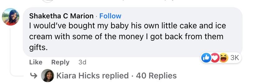 Commenter says: "I would've bought my baby his own little cake and ice cream with some of the money I got back from them gifts.