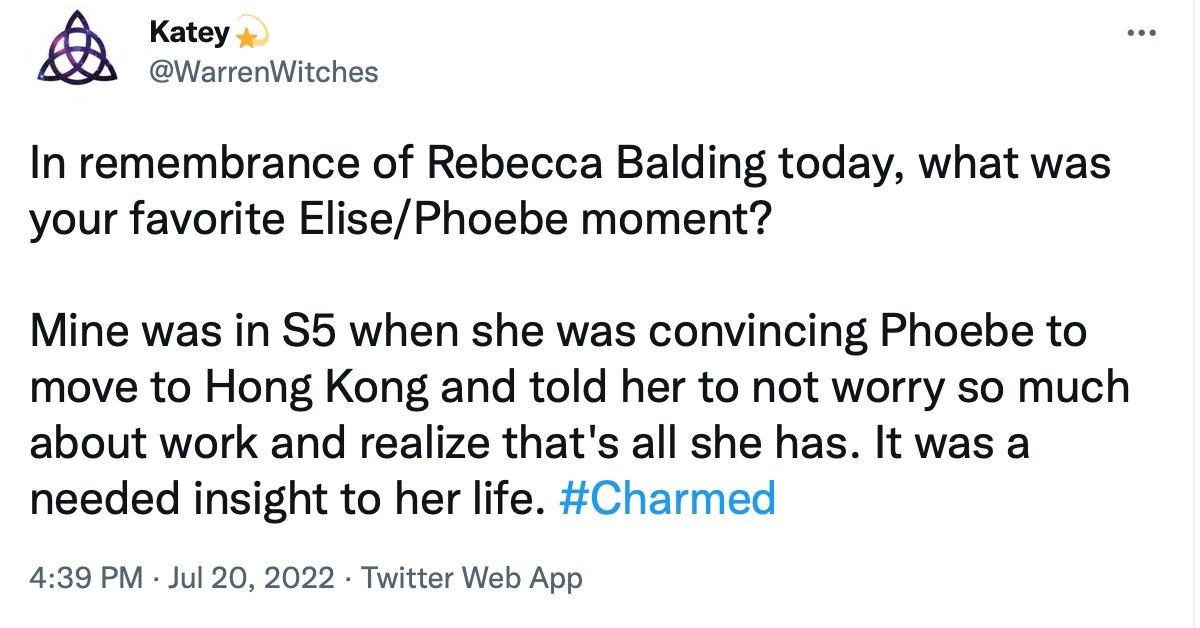 A tweet reminiscing about Rebecca Balding in 'Charmed'