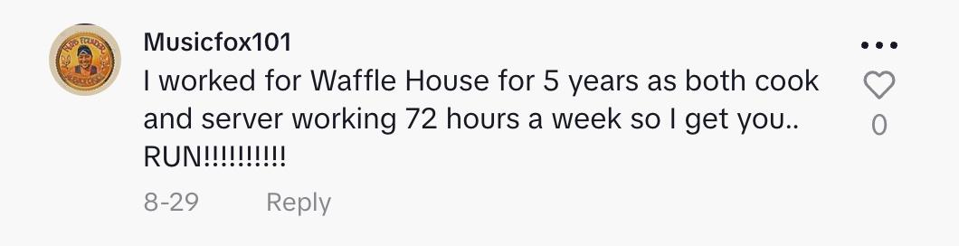 A commenter explaining that they used to work at Waffle House and worked as a cook and server