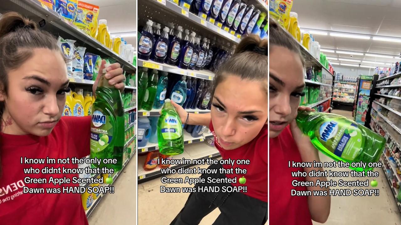 A woman questions what Dawn Apple Scented soap is dish soap or hand soap