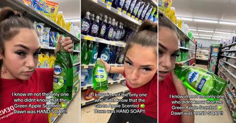 A woman questions what Dawn Apple Scented soap is dish soap or hand soap