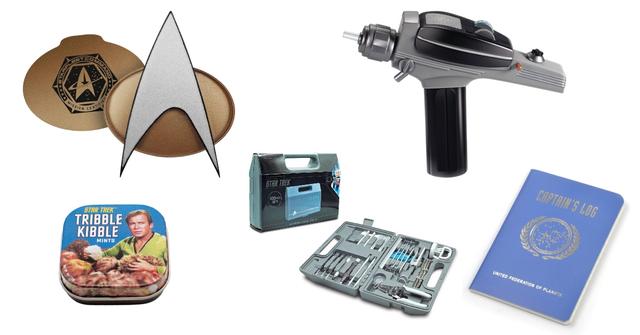 bluetooth commaner cuff, tribble kibble, tool kit, phaser, notebook