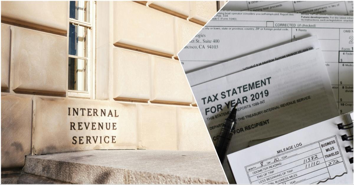 Collage featuring a tax form and the IRS building