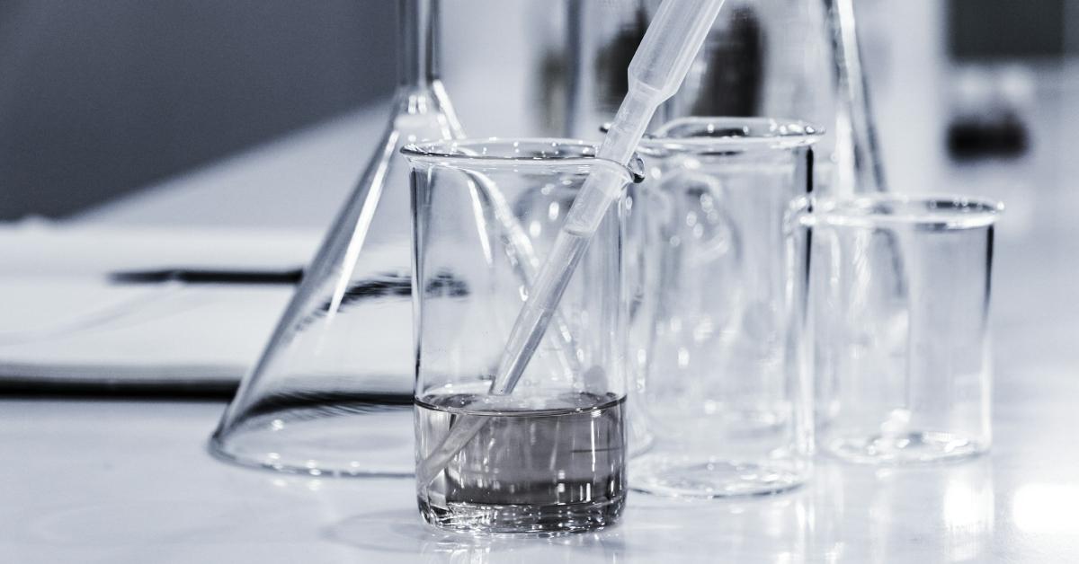 Beakers and other lab equipment on a table