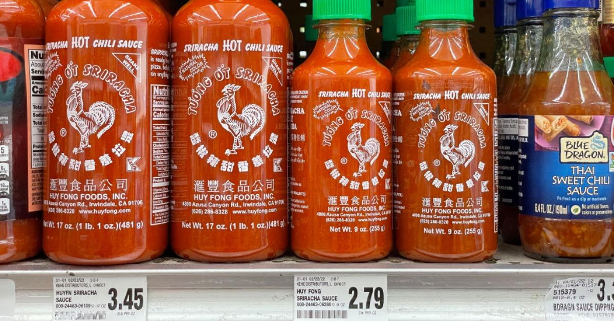 Bottles of Huy Fong Foods Sriracha sauce are displayed on a supermarket shelf on June 10, 2022 in Larkspur, California.