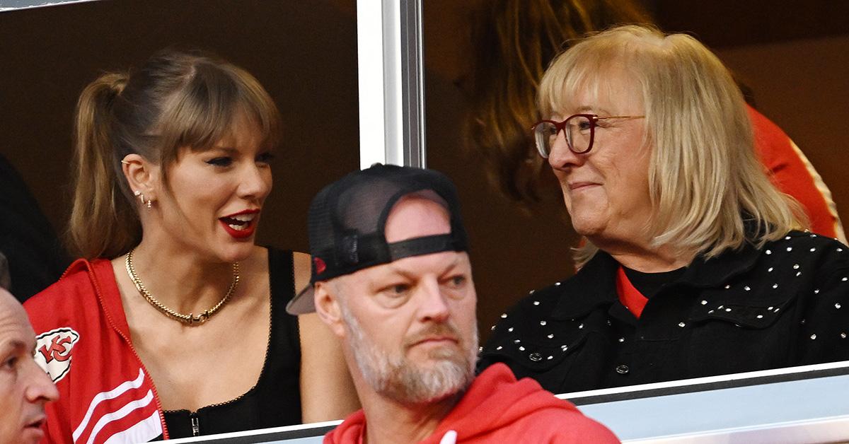 Taylor Swift talking to Donna Kelce at a Kansas City Chiefs game. 