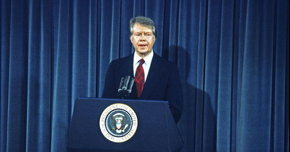 Jimmy Carter speaking at a press conference. 