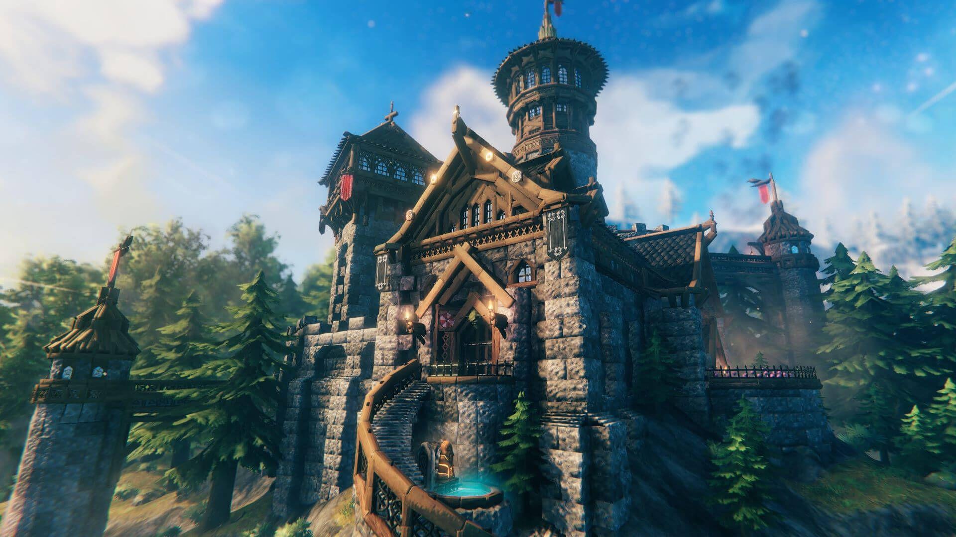 'Valheim' Player-created castle surrounded by trees.