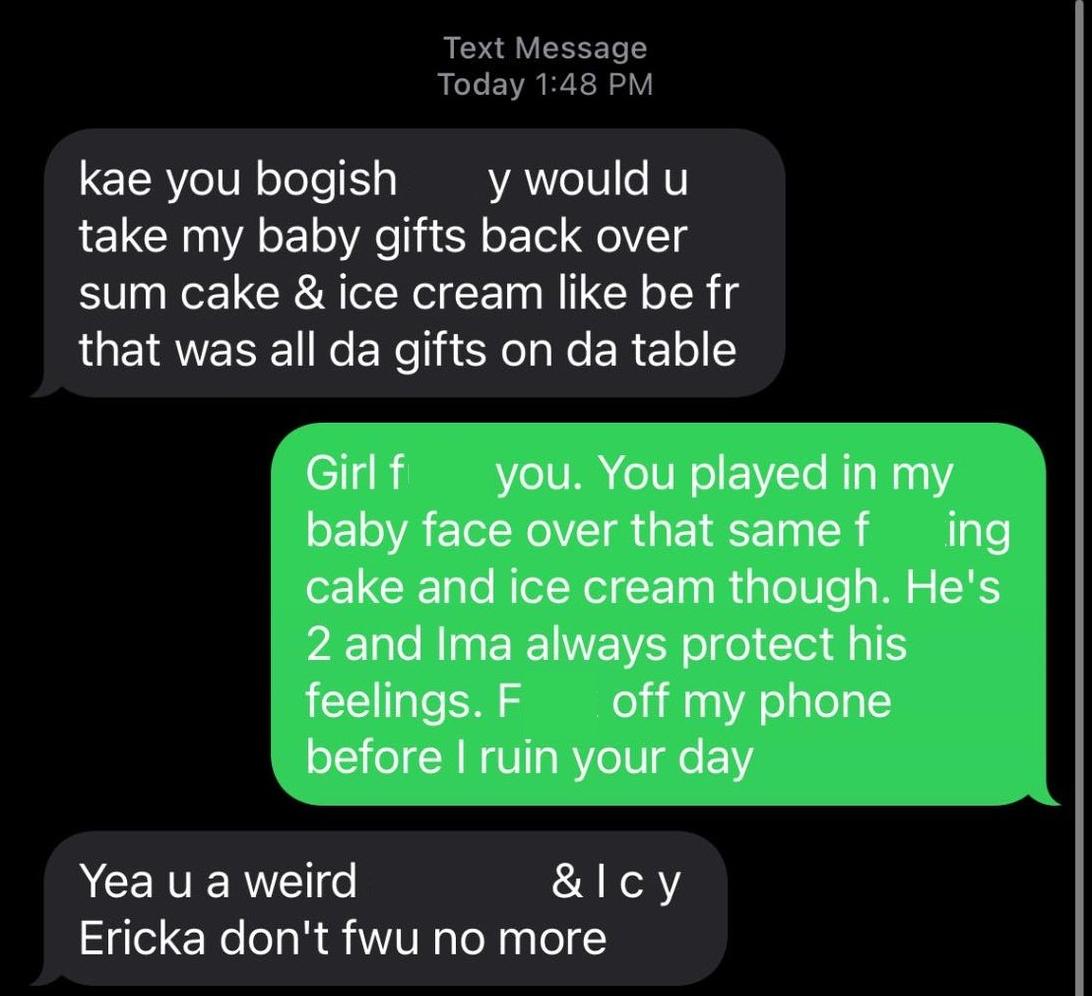 Woman whose son was denied birthday cake and her ex-friend argue via text. 