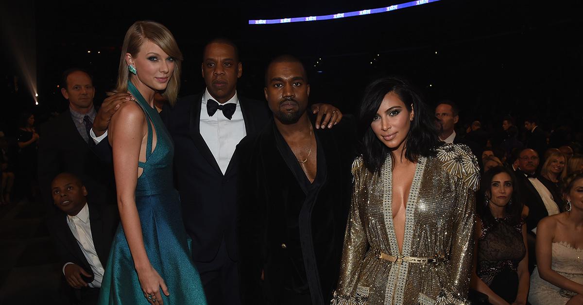 Taylor Swift with Jay-Z, Kanye West and Kim Kardashian at the 57th Grammy Awards. 