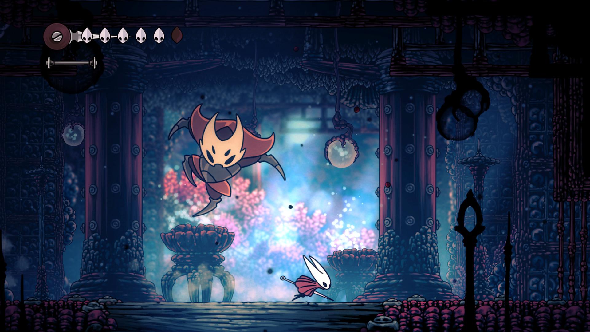'Hollow Knight: Silksong' Hornet fighting a boss inside a building with floral architecture.