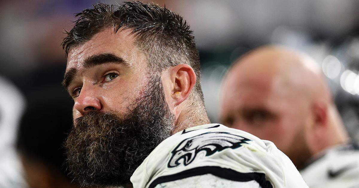 Jason Kelce without his helmet during the Tampa Bay Buccaneers game on Jan. 15, 2024