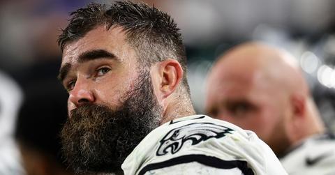 Jason Kelce without his helmet during the Tampa Bay Buccaneers game on Jan. 15, 2024