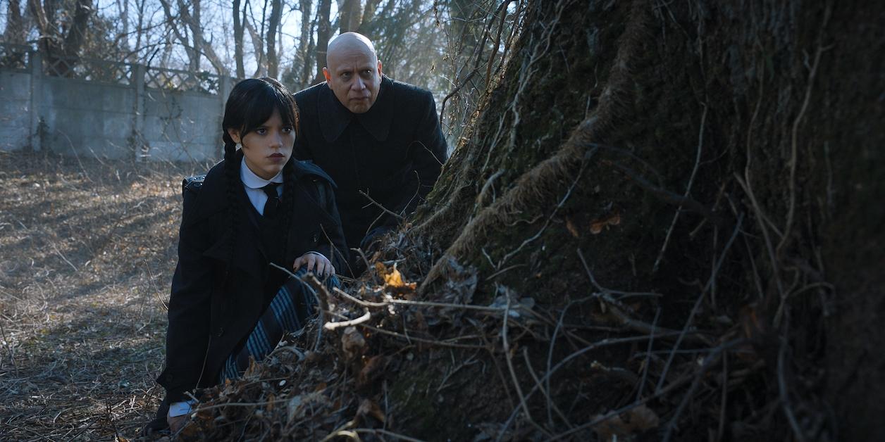 Jenna Ortega as Wednesday Addams, Fred Armisen as Uncle Fester in episode 107 of Wednesday