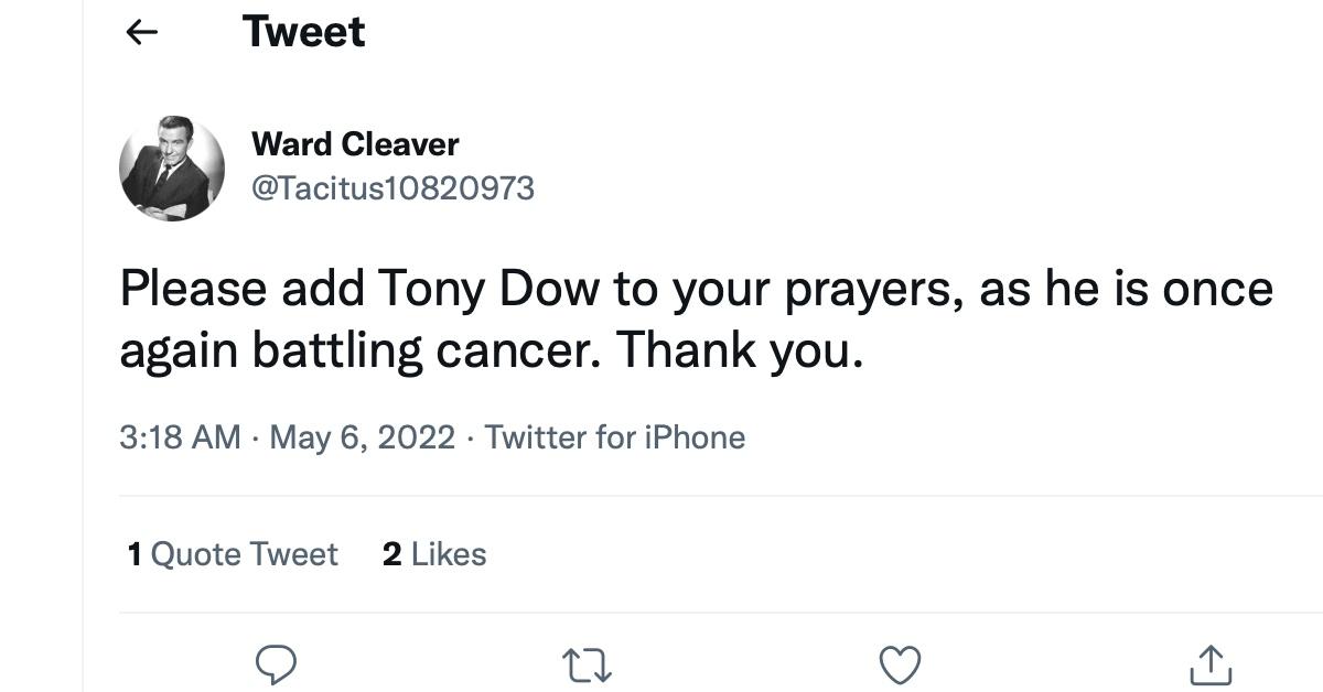 A tweet about Tony Dow's recent cancer diagnosis 