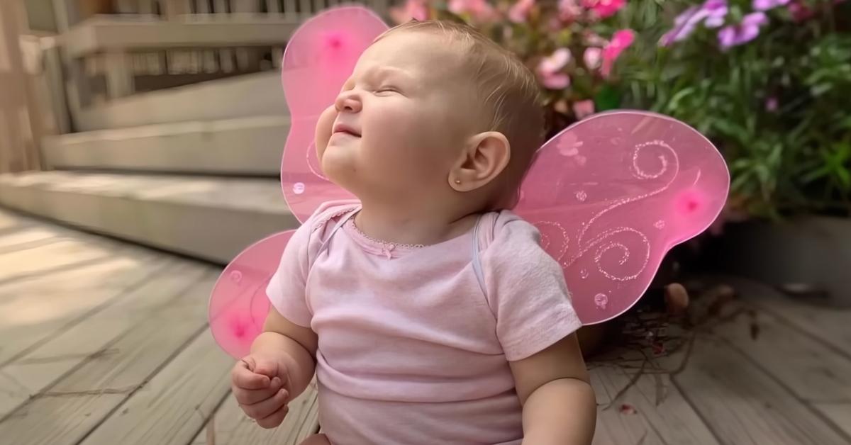 Fallon Fridley smiles while wearing a pink top and pink butterfly wings