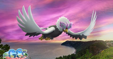 'Pokémon GO' promo art of Hisuian Braviary flying in the sky.