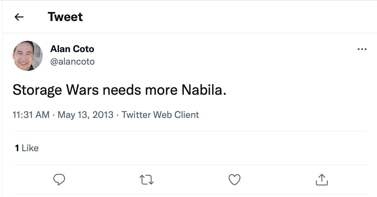 A tweet about Nabila Haniss, a 'Storage Wars' alum